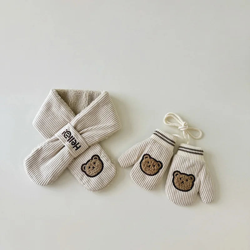 Kids’ Corduroy Winter Scarf & Gloves Set – Thick Velvet Warm Mittens for Boys & Girls