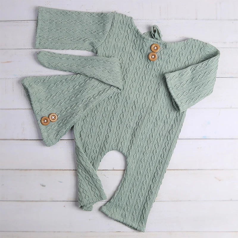Newborn Boy Photo Props Knitted Jumpsuit and Knot Hat Set Baby Boy Photography Bodysuit with Beanie for Infants