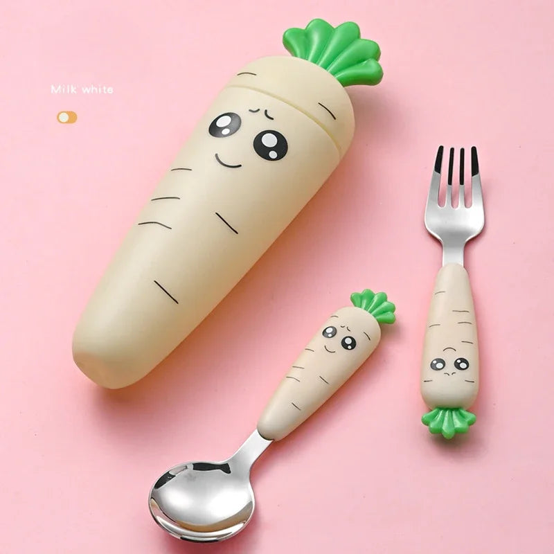 Cartoon Carrot Spoon & Fork Set for Babies - Cute Short Rice Spoon, Children's Tableware, Stainless Steel Feeding Utensils