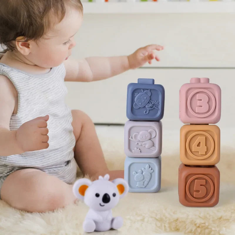 Soft Silicone Block Toy Stacking Tower Bath Teether Montessori