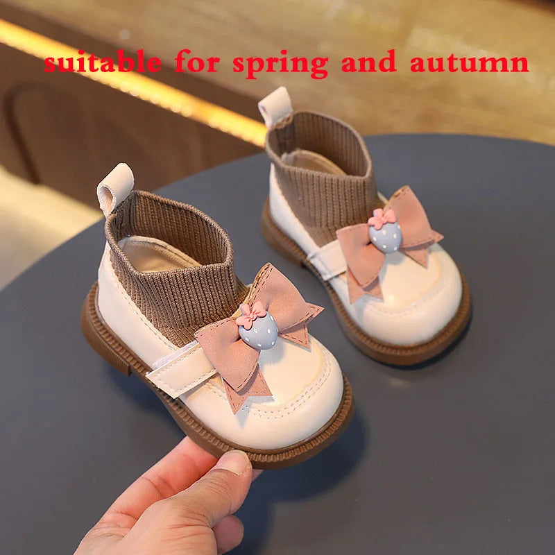 Winter Infant Girl Sock Boots Chunky Bow Knitted Casual Toddler Girl Patent Leather Shoes