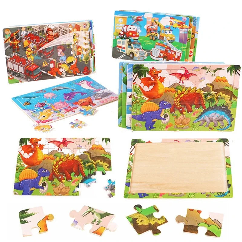 Logic Thinking Wooden Puzzle Game – Animal and Vehicle Cartoon Educational Toy for Kids