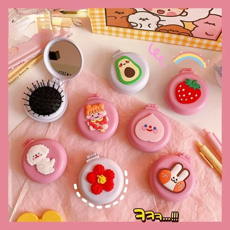 Cute Cartoon Macaron Folding Hair Comb – Portable 2-in-1 Comb with Small Mirror, Kawaii Baby Makeup Supplies