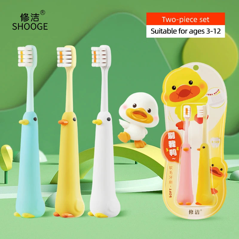 2pcs/Box Cute Duck Children Toothbrush – 0.12mm High-Density Soft Bristles, Non-Slip Handle for Kids Aged 3-12