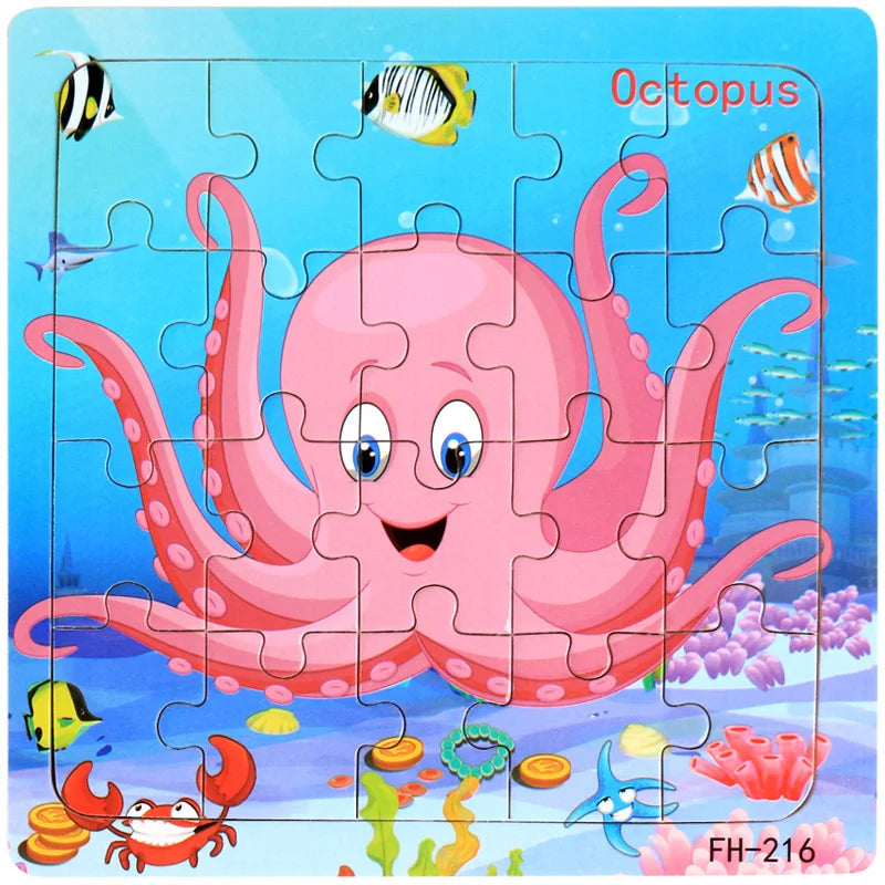 New 20 Piece Wooden 3D Puzzle, Cartoon Animal & Vehicle Jigsaw, Montessori Educational Toy for Kids, Baby 1-3 Years