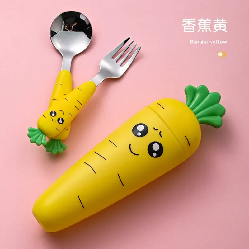 Cartoon Carrot Spoon & Fork Set for Babies - Cute Short Rice Spoon, Children's Tableware, Stainless Steel Feeding Utensils