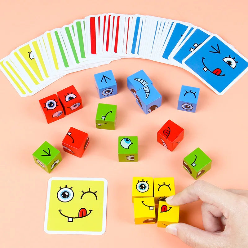 Cube Face Change Building Blocks – Wooden Puzzle Board Game, Montessori Expression Blocks for Children, Kids Toy Gift
