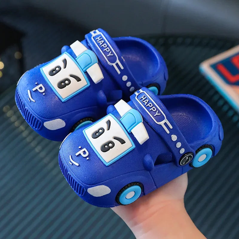 Summer Kids’ Hollow Sandals – Cute Cartoon Car Home Slippers, Breathable Non-Slip Beach Shoes for Boys & Girls