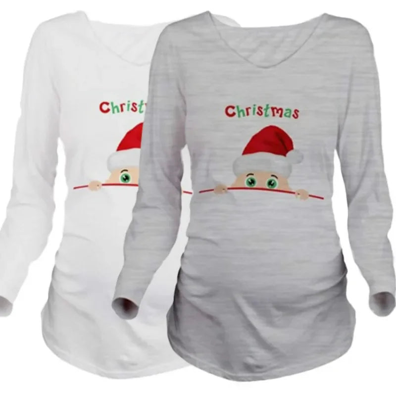 Pregnant Woman Christmas Long Sleeve T-Shirt | Santa Baby Print | Side Ruched Maternity Top | Pregnancy Clothes Tee