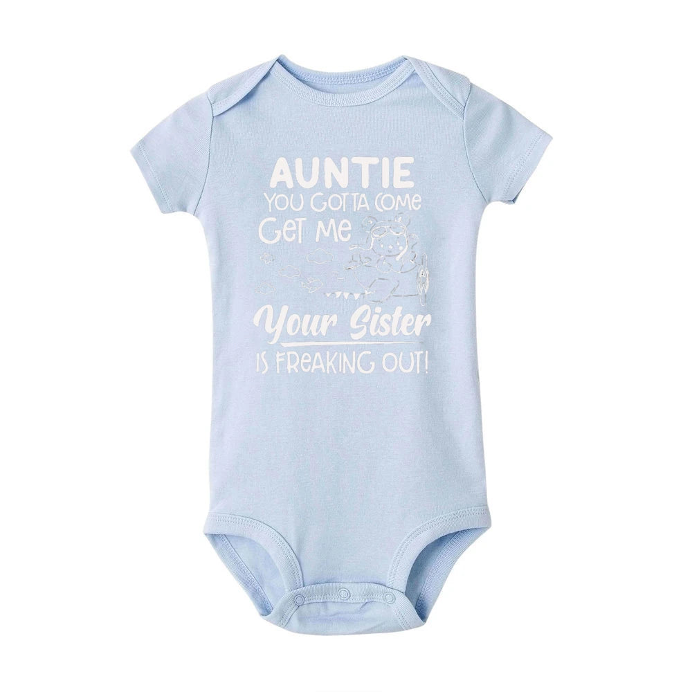"Auntie, You Gotta Come Get Me" Baby Romper – Funny Letter Print Newborn Bodysuit – Summer Short-Sleeve Infant Clothes (0-1Y)