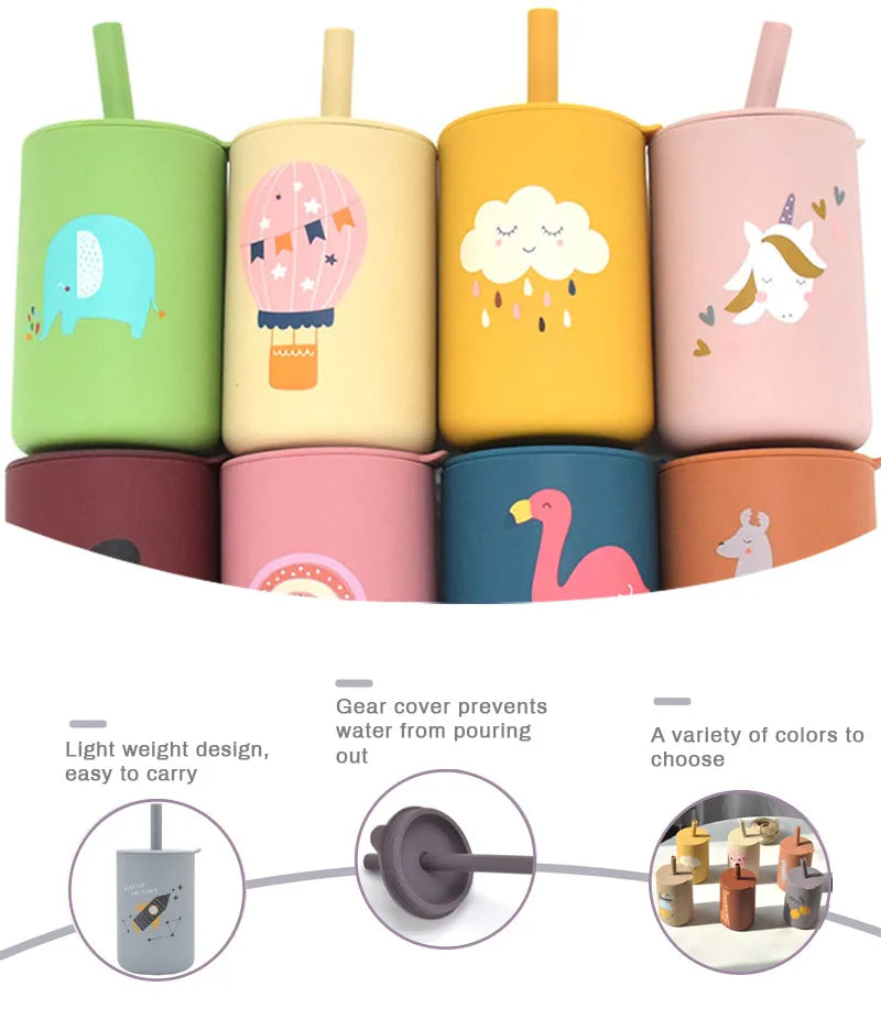 Colorful Baby Silicone Water Cup with Rainbow Print, Food Grade Silicone Sippy Cup, Leakproof, BPA Free Feeding Cup for Toddlers