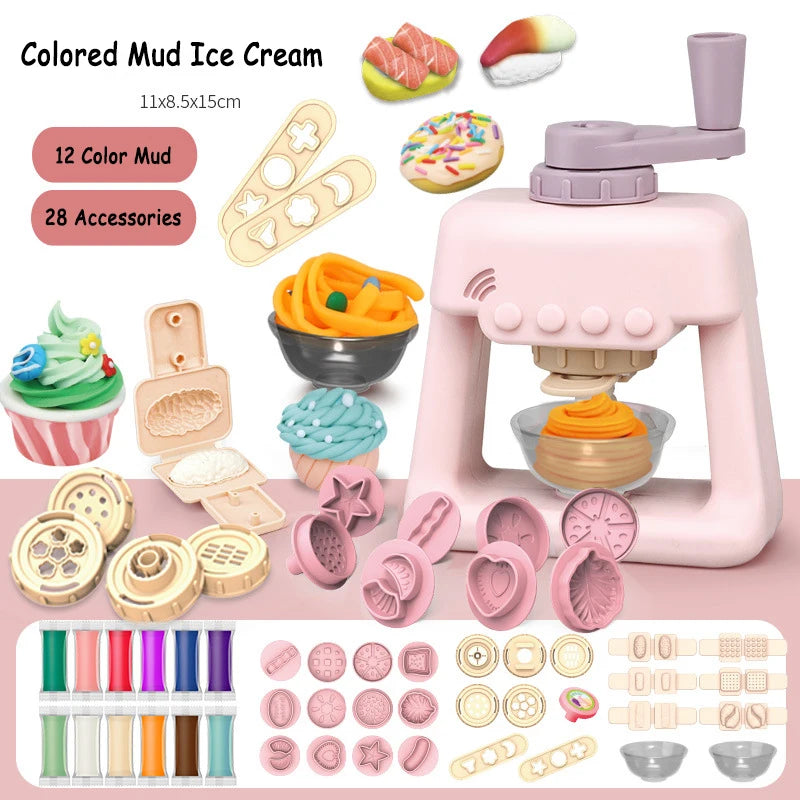 Children's Colored Clay Noodle Machine Kit - DIY Play Dough Tools with Ice Cream Mold, Slime Toys for Kids, Birthday Gift