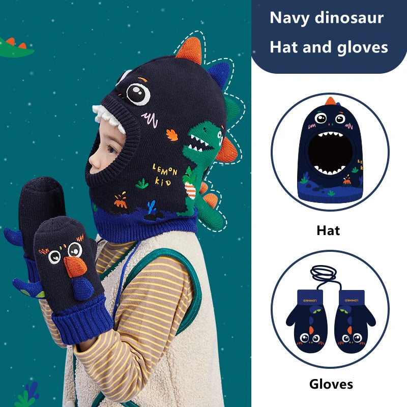 Kids Hat, Scarf & Gloves Set – 3D Dinosaur & Unicorn Modeling, Winter Windproof Knitted Beanie Cap for Baby Girls & Boys, Warm Kids Accessories