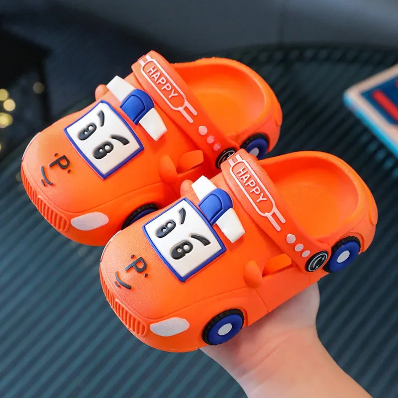 Summer Kids’ Hollow Sandals – Cute Cartoon Car Home Slippers, Breathable Non-Slip Beach Shoes for Boys & Girls