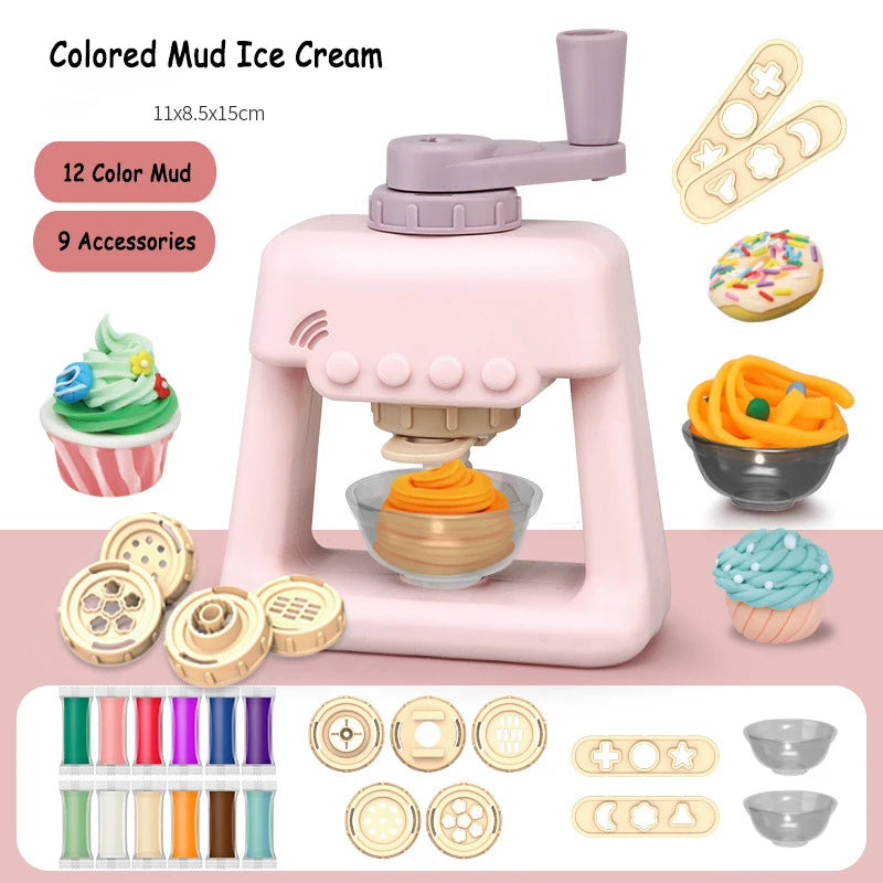 Children's Colored Clay Noodle Machine Kit - DIY Play Dough Tools with Ice Cream Mold, Slime Toys for Kids, Birthday Gift