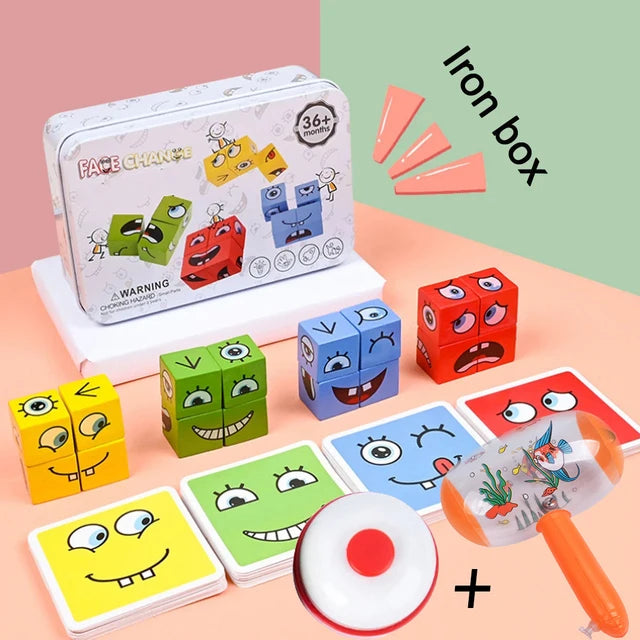 Cube Face Change Building Blocks – Wooden Puzzle Board Game, Montessori Expression Blocks for Children, Kids Toy Gift