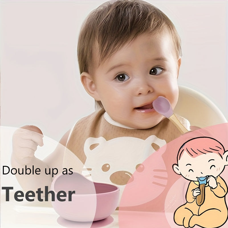 2PCS Silicone Feeding Set – Durable Spoon & Fork with Wooden Handle, BPA-Free Self-Feeding Utensils for Toddlers & Babies