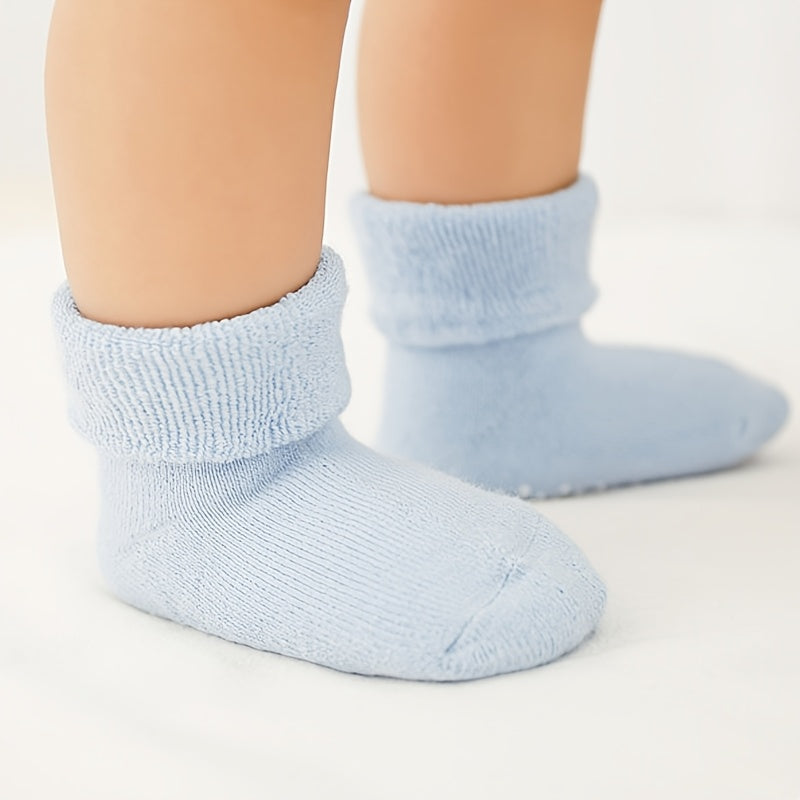 6 Pairs of Basic Color Terry Socks with Dot Glue for Anti-Slip | Warm and Thick, Ideal for Toddlers | Suitable for Both Boys & Girls