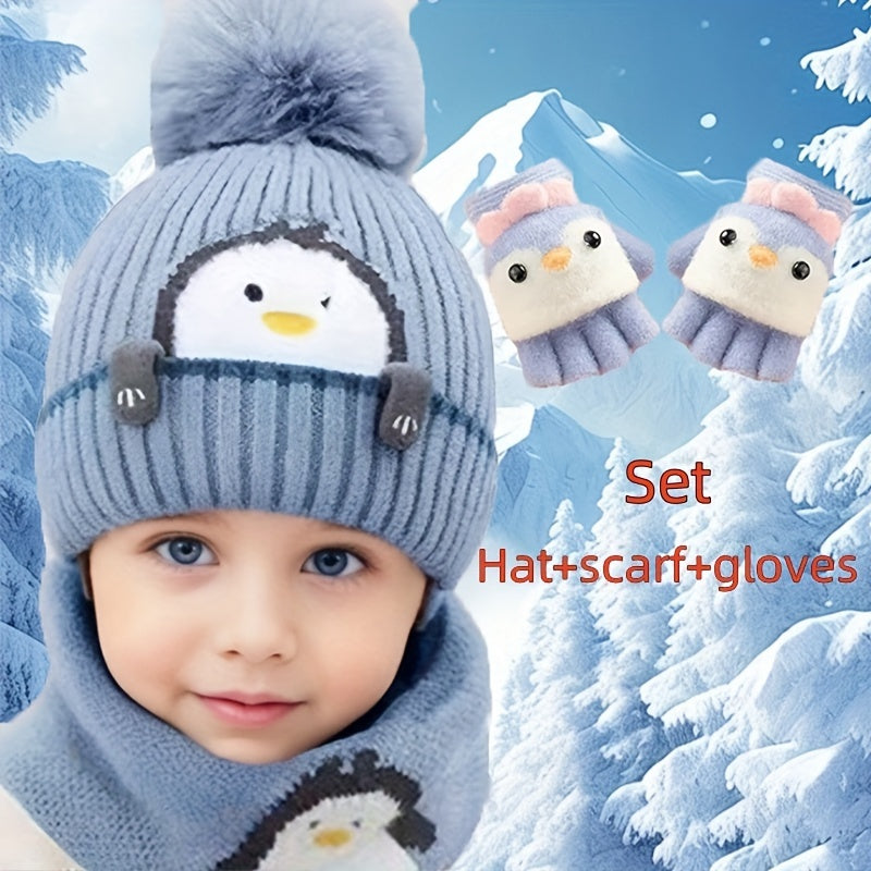 3-Piece Winter Set – Cartoon Penguin Knit Hat, Scarf & Gloves for Infants – Warm Fleece, Windproof Ear Flaps, Snap Closure – Christmas Theme for Boys & Girls - Kidzy Market