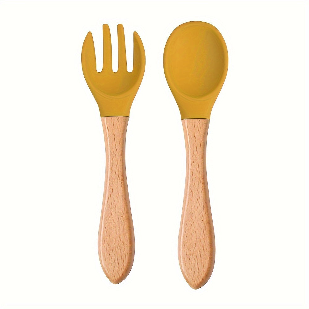 2PCS Silicone Feeding Set – Durable Spoon & Fork with Wooden Handle, BPA-Free Self-Feeding Utensils for Toddlers & Babies