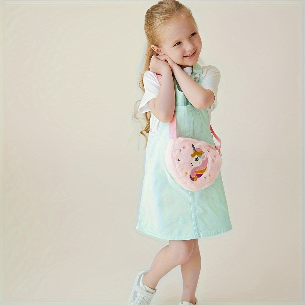 1pc Cute Plush Unicorn Crossbody Bag for Girls - Cartoon Love Design Mobile Phone Bag | Adorable & Stylish Everyday Accessory - Kidzy Market