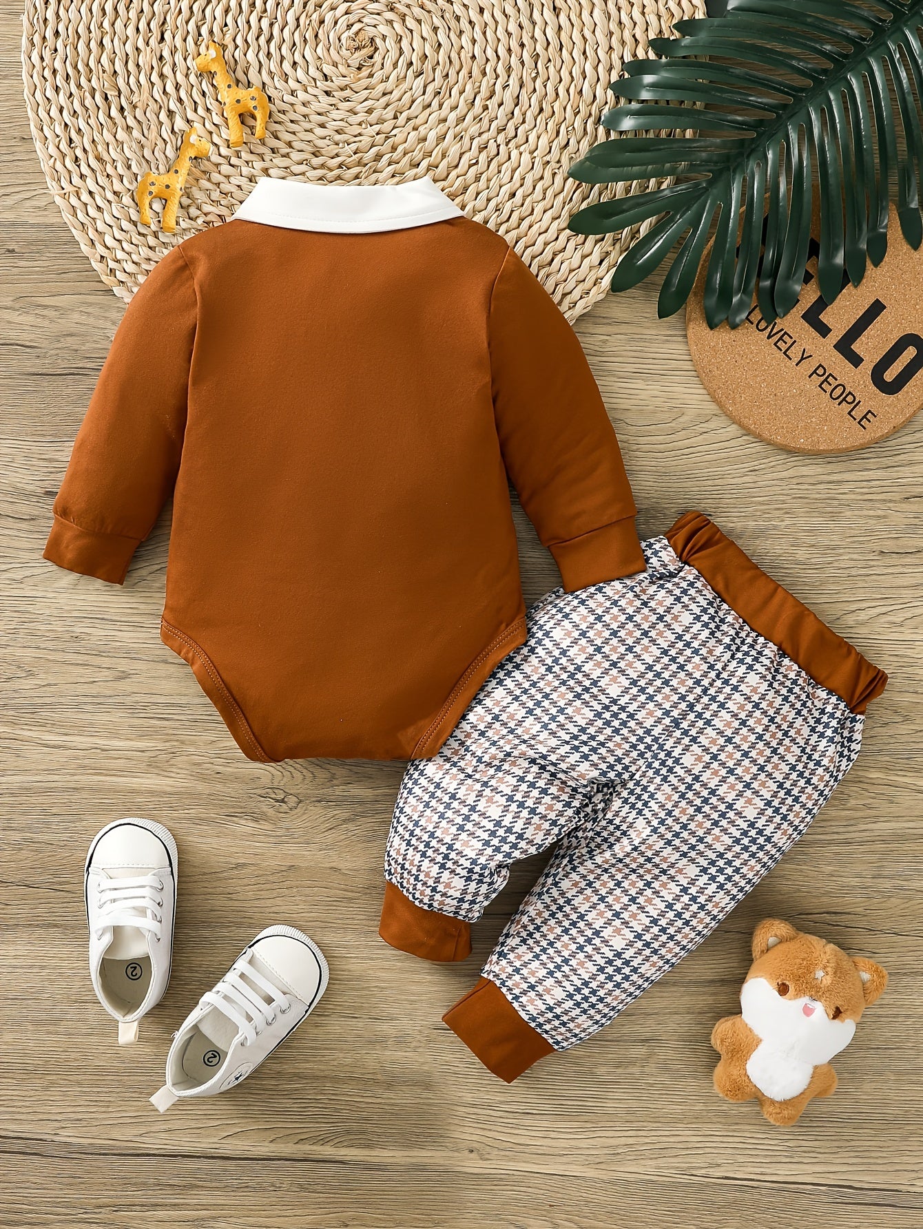 Hibobi Baby Boys' Gentleman Bear Pattern Romper Set – Polyester, Machine Washable (Spring/Fall, Outdoor Wear)