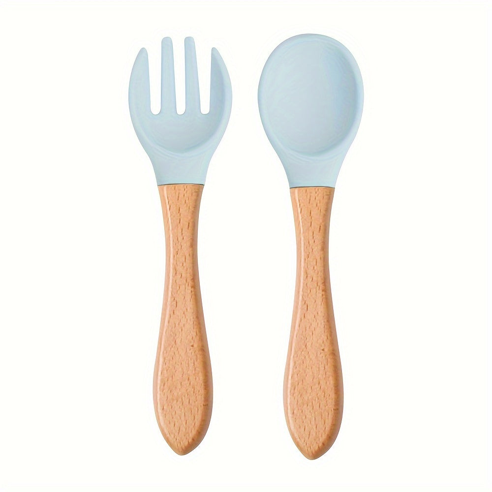 2PCS Silicone Feeding Set – Durable Spoon & Fork with Wooden Handle, BPA-Free Self-Feeding Utensils for Toddlers & Babies