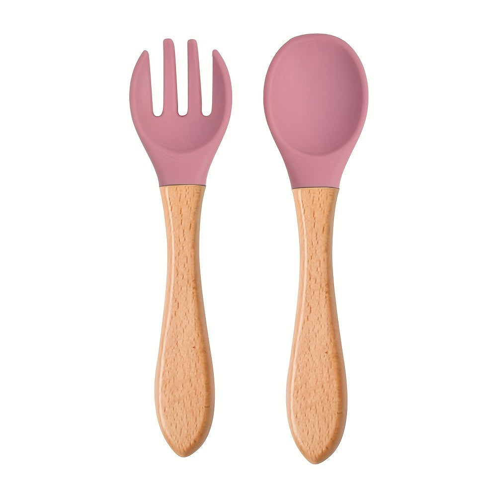 2PCS Silicone Feeding Set – Durable Spoon & Fork with Wooden Handle, BPA-Free Self-Feeding Utensils for Toddlers & Babies
