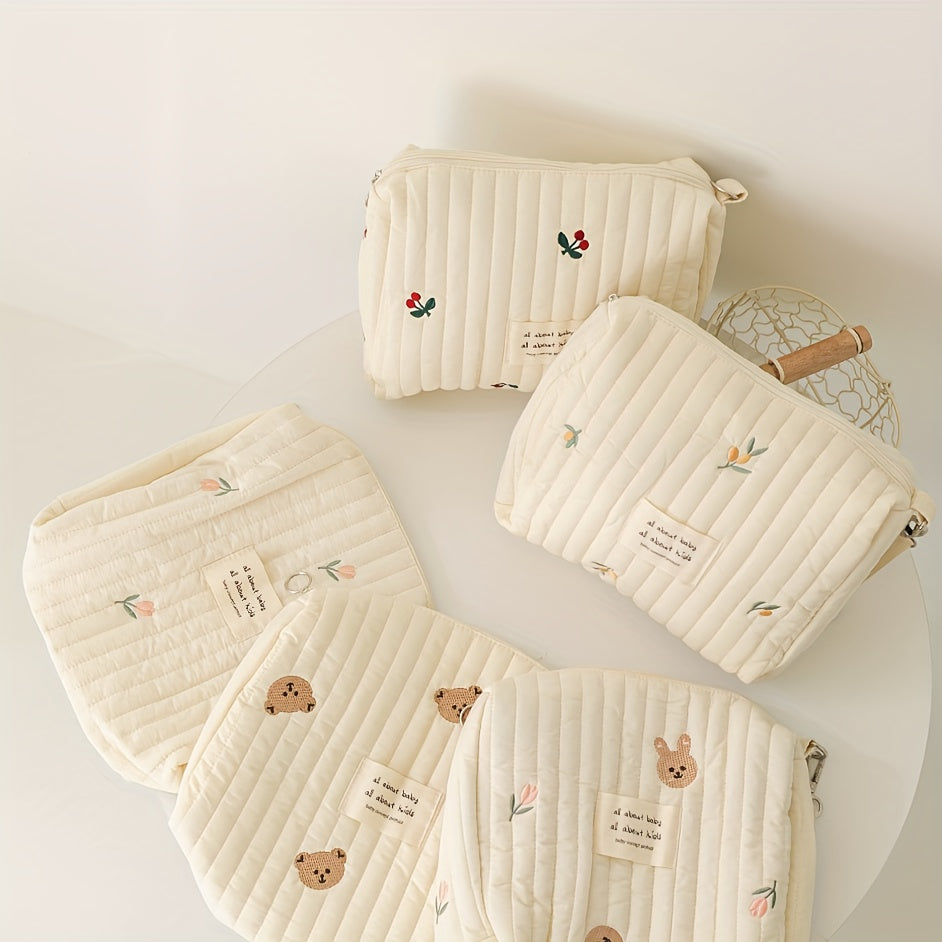 Adorable Quilted Diaper Bag with Bunny & Floral Embroidery – Portable Reusable Nappy Caddy Organizer for Wet/Dry Use, Ideal for Strollers and Small Diaper Bags - Kidzy Market