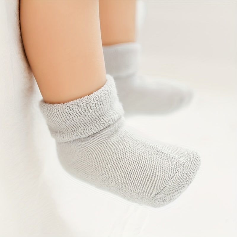 6 Pairs of Basic Color Terry Socks with Dot Glue for Anti-Slip | Warm and Thick, Ideal for Toddlers | Suitable for Both Boys & Girls