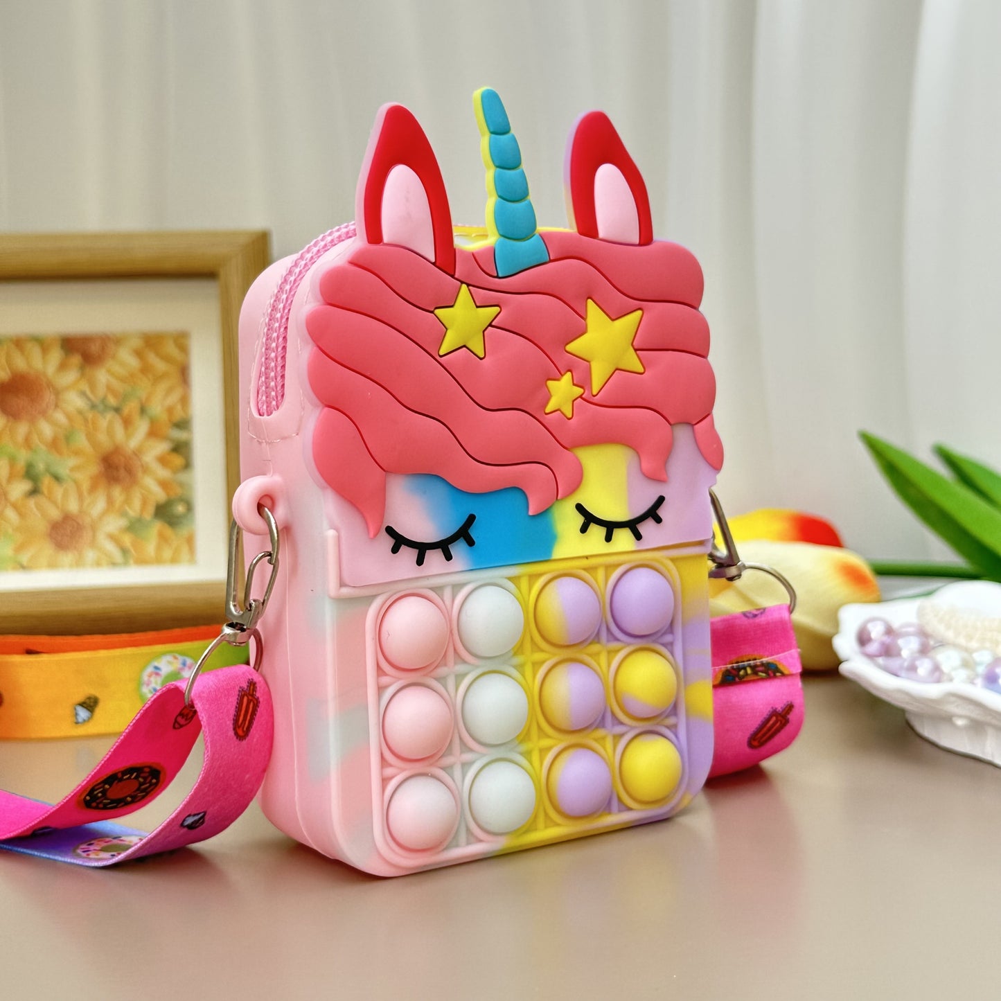 Colorful Unicorn Crossbody Bag for Kids – Waterproof Silicone Fidget Purse with Adjustable Strap & Zip Closure, Ages 5-8 - Kidzy Market