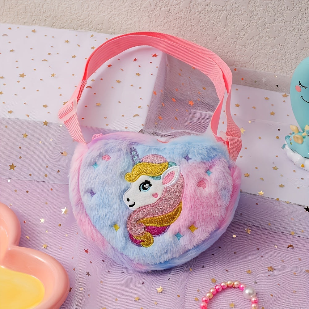 1pc Cute Plush Unicorn Crossbody Bag for Girls - Cartoon Love Design Mobile Phone Bag | Adorable & Stylish Everyday Accessory - Kidzy Market