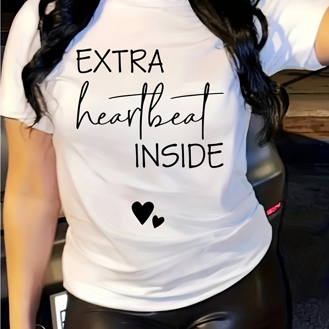 Extra Heartbeat Inside" Graphic Maternity Tee - Casual & Comfy Polyester-Spandex Blend, Short Sleeve, Round Neck Women's Pregnancy Announcement Top with Cute Heart Detail, Machine Washable
