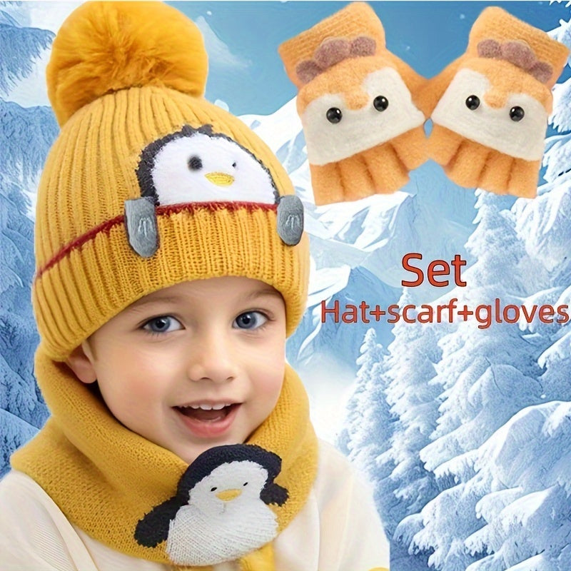 3-Piece Winter Set – Cartoon Penguin Knit Hat, Scarf & Gloves for Infants – Warm Fleece, Windproof Ear Flaps, Snap Closure – Christmas Theme for Boys & Girls - Kidzy Market