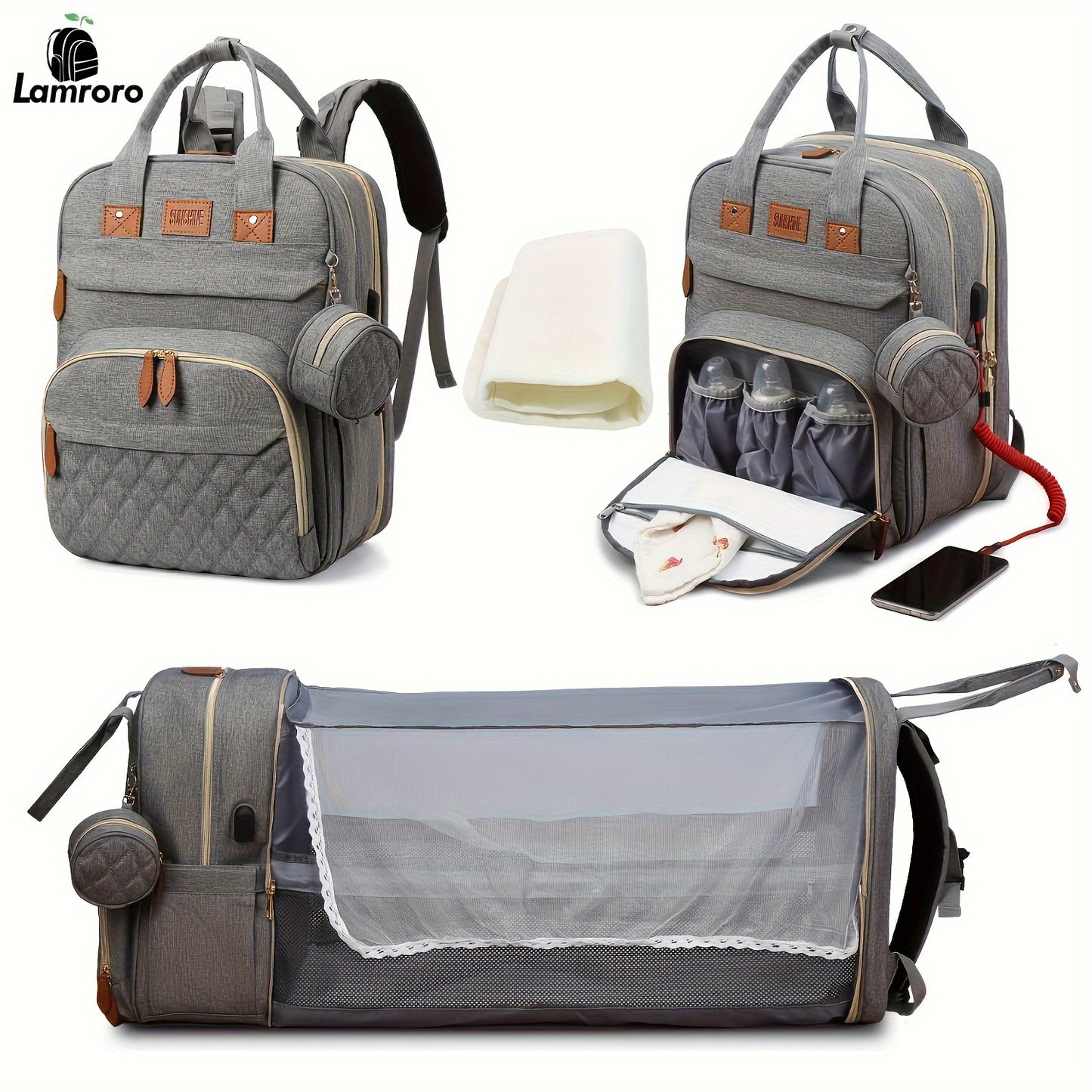 Lamroro Diaper Bag Backpack with Changing Pad – Multi-Functional Travel Baby Bag with USB Charging Port, Waterproof Polyester, Zipper Closure & Utility Pockets – Perfect for Parents, Preschool & Travel - Kidzy Market