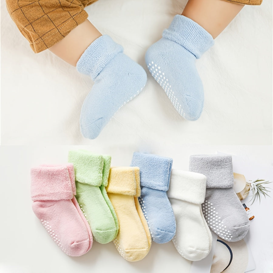 6 Pairs of Basic Color Terry Socks with Dot Glue for Anti-Slip | Warm and Thick, Ideal for Toddlers | Suitable for Both Boys & Girls
