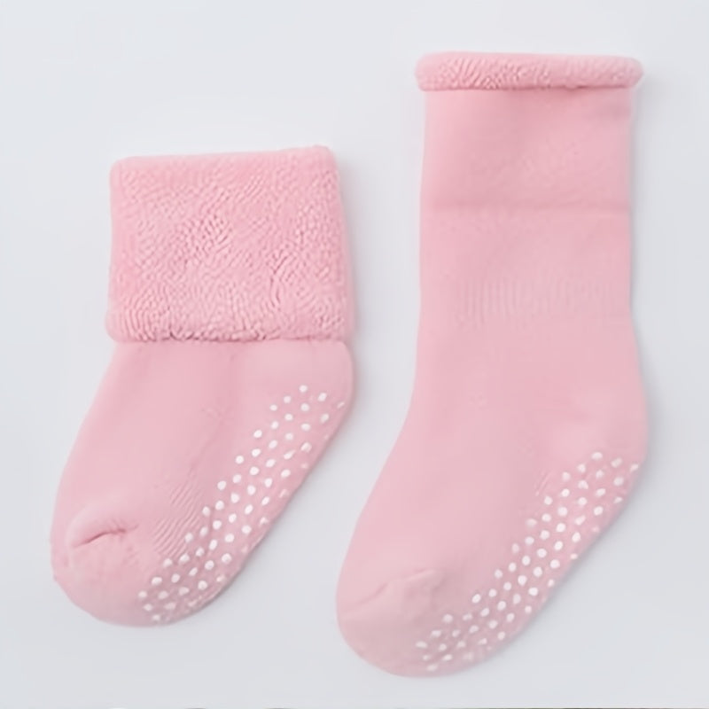 6 Pairs of Basic Color Terry Socks with Dot Glue for Anti-Slip | Warm and Thick, Ideal for Toddlers | Suitable for Both Boys & Girls