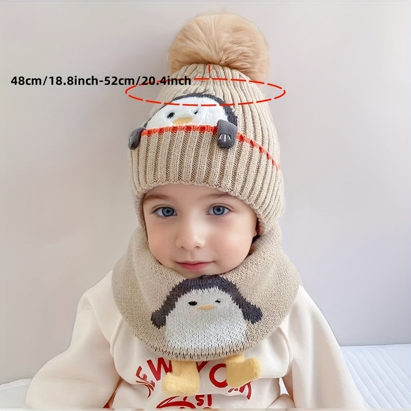 3-Piece Winter Set – Cartoon Penguin Knit Hat, Scarf & Gloves for Infants – Warm Fleece, Windproof Ear Flaps, Snap Closure – Christmas Theme for Boys & Girls - Kidzy Market