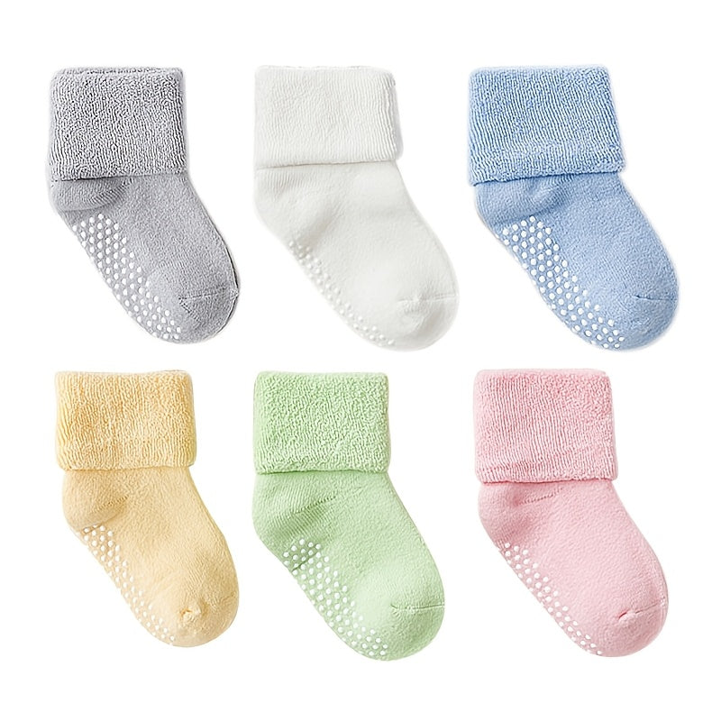 6 Pairs of Basic Color Terry Socks with Dot Glue for Anti-Slip | Warm and Thick, Ideal for Toddlers | Suitable for Both Boys & Girls