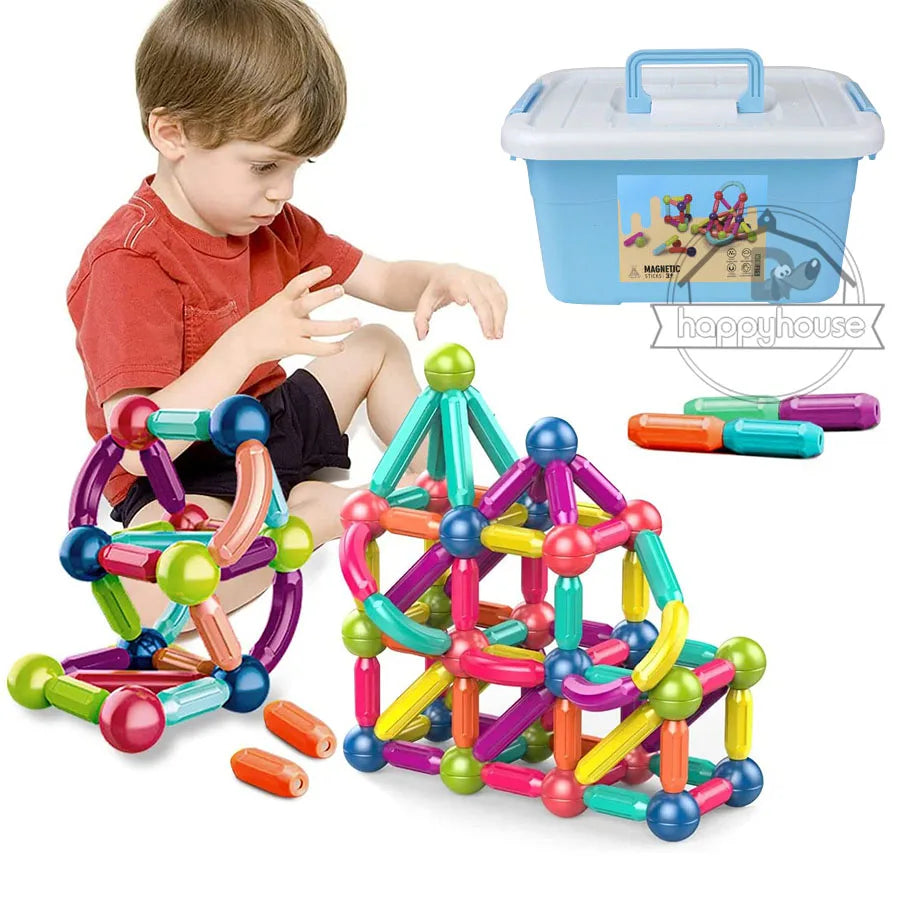 Wooden Montessori sorting toy beside open-ended blocks and art materials