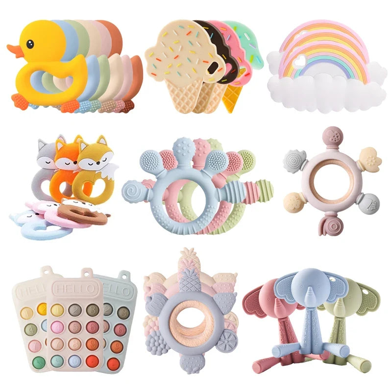 Wooden teether ring beside a food-grade silicone baby teether and bib