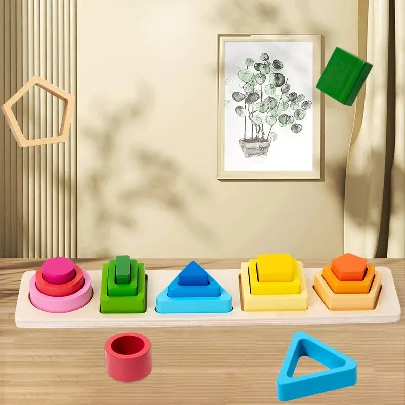 Low wooden Montessori shelf with eight toddler activities arranged on trays