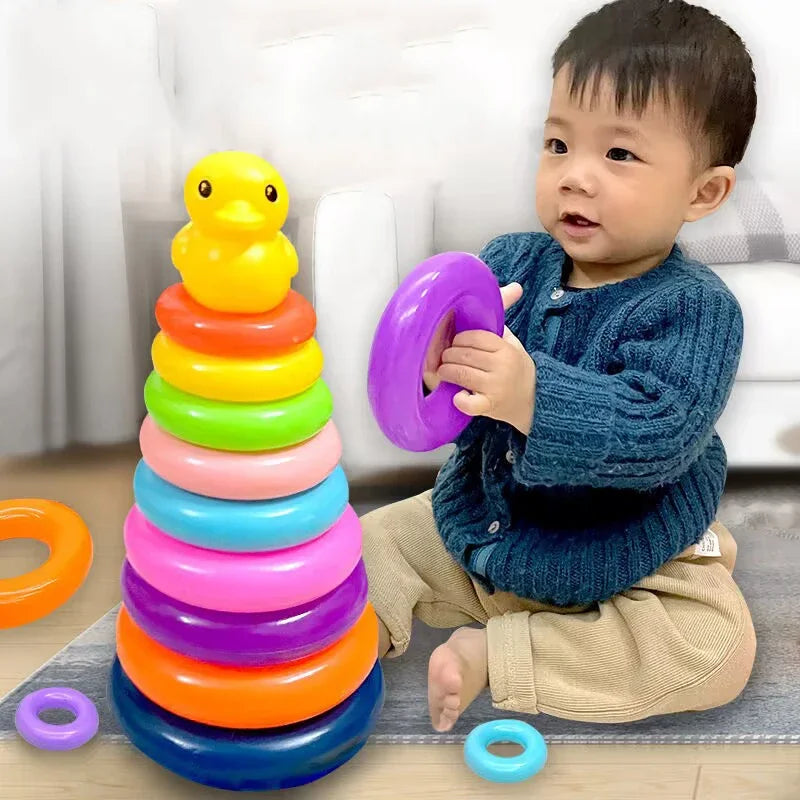 Wooden Montessori stacking and sorting toys arranged by age group for toddlers