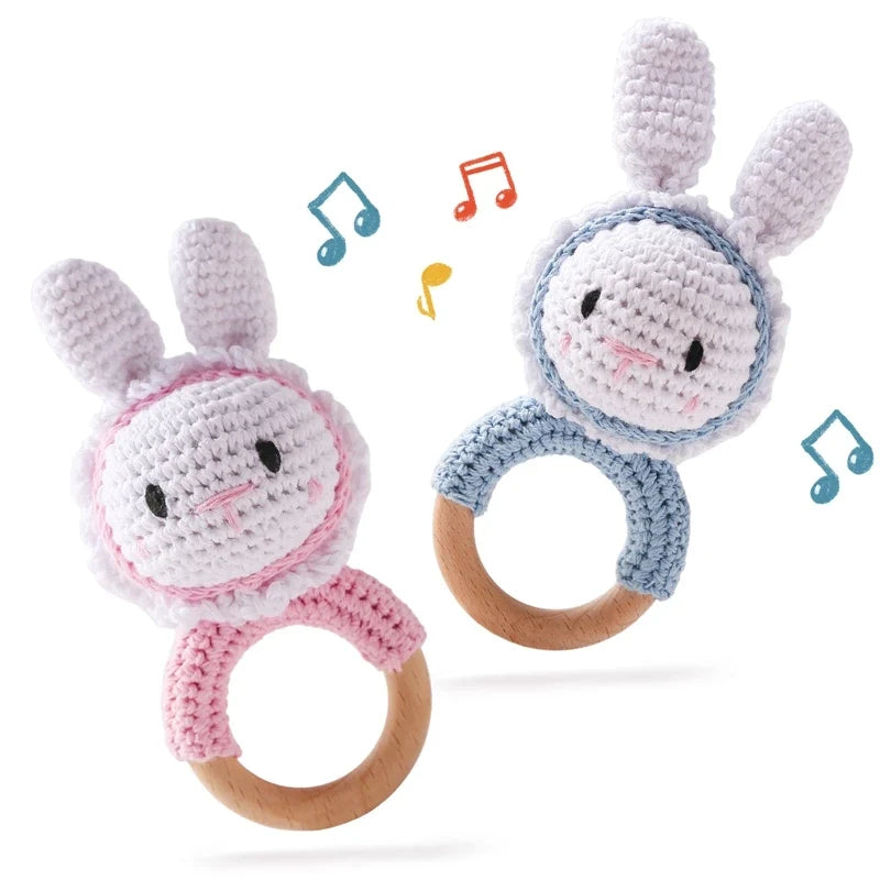 Wooden and silicone baby teethers and rattles suitable for infants under one year