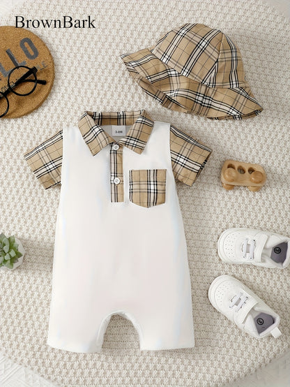Baby Boy Plaid Print White Short Sleeve Romper with Plaid Fisherman Hat – Casual & Cute (0-3 Years, Summer Wear)