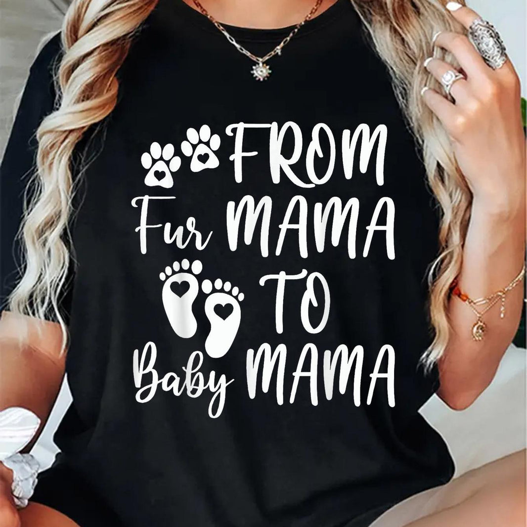 From Fur Mama to Youngsters Mama" Pregnancy Announcement T-Shirt - Soft Blend, Casual Style, Black with White Lettering, Footprint & Paw Print Design, Comfortable Maternity Tee for Expecting Moms