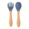 2PCS Silicone Feeding Set – Durable Spoon & Fork with Wooden Handle, BPA-Free Self-Feeding Utensils for Toddlers & Babies