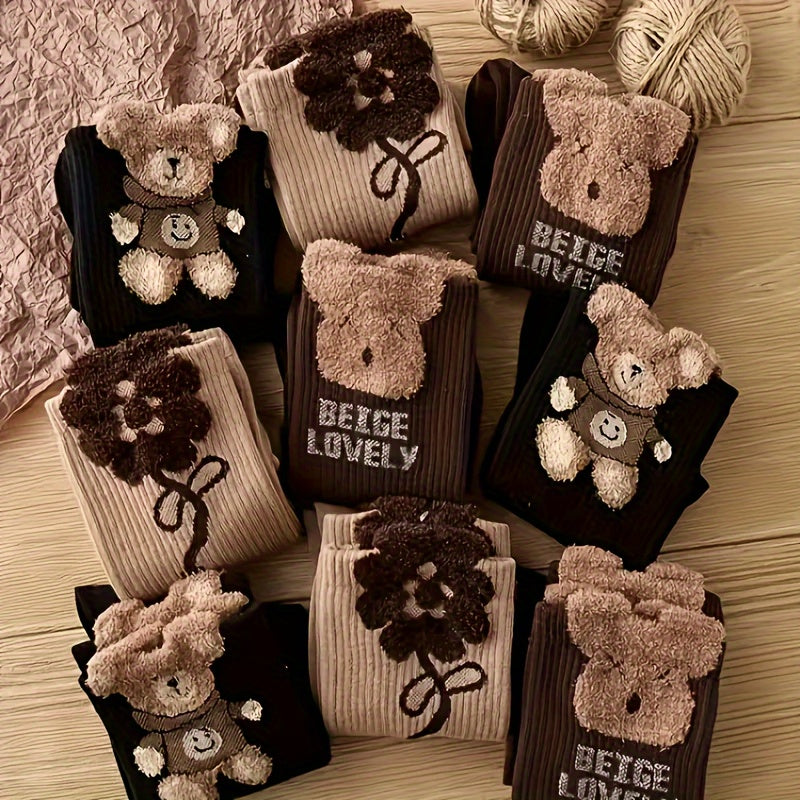 6 Pairs Cute Bear and Flower Socks - Perfect for Autumn and Winter