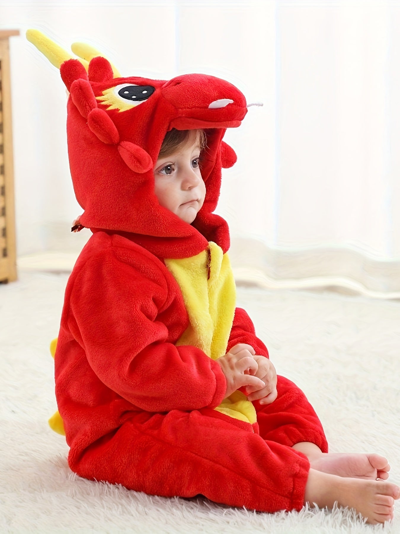 Toddler Red Dragon Animal Romper Pajama – Hooded Long Sleeve Sleepwear (100% Polyester, Flame Resistant, Spring/Fall, Boys & Girls)