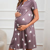 Women's Maternity Night Dress with Pocket — Short Sleeve Round Neck Heart Print Knit Sleepwear, Slight Stretch, All-Season